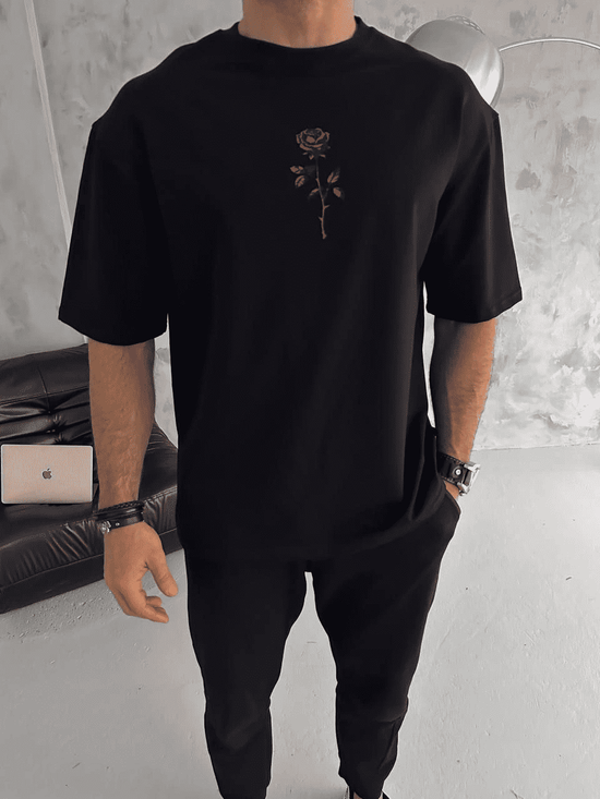 Erkek Bisiklet Yaka Baskılı Oversize  Kısa kol T-Shirt - Siyah