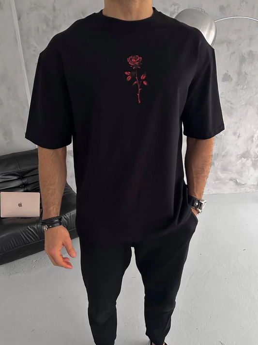 Erkek Bisiklet Yaka Baskılı Oversize  Kısa kol T-Shirt - Siyah