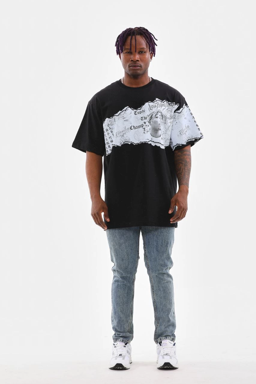 Erkek  Bisiklet Yaka Baskılı Oversize T-Shirt - Siyah