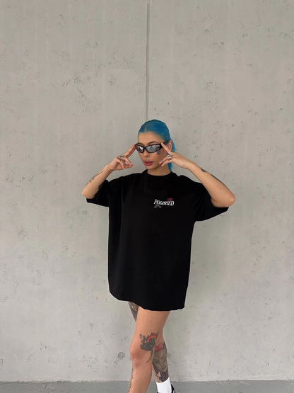 Kadın Bisiklet Yaka Baskılı kısa kol Oversize T-Shirt - Siyah