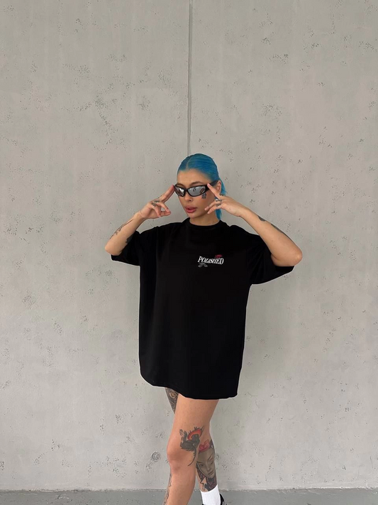 Kadın Bisiklet Yaka Baskılı kısa kol Oversize T-Shirt - Siyah