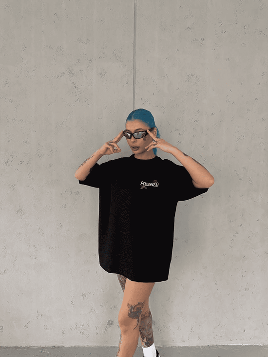 Kadın Bisiklet Yaka Baskılı kısa kol Oversize T-Shirt - Siyah