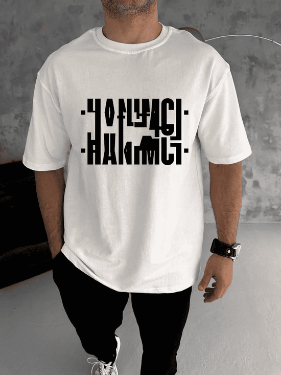 Erkek Tişört Kısa Kol Bisiklet Yaka Katlanan HANIMCI Baskılı T-Shirt - Beyaz