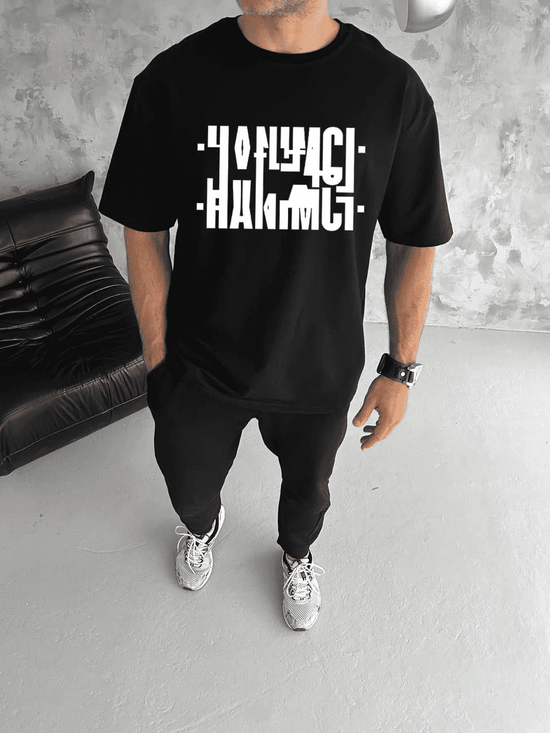 Erkek Tişört Kısa Kol Bisiklet Yaka Katlanan HANIMCI Baskılı T-Shirt - Siyah