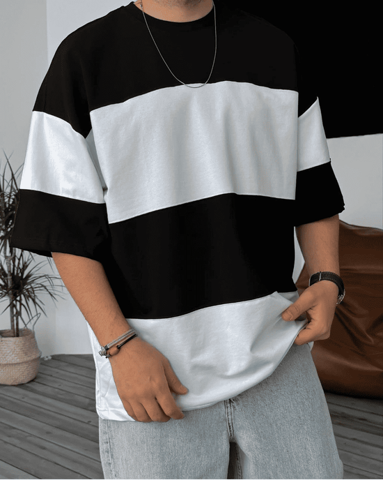 Erkek Bisiklet Yaka Parçalı  Kısa kol T-Shirt - Siyah