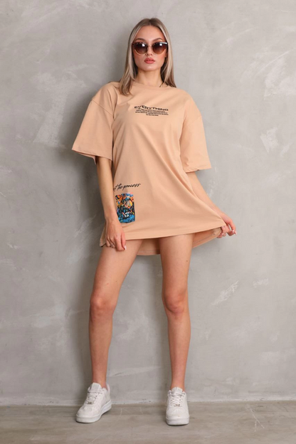kadın Bisiklet Yaka Baskılı Oversize Kısa kol T-Shirt - Bej