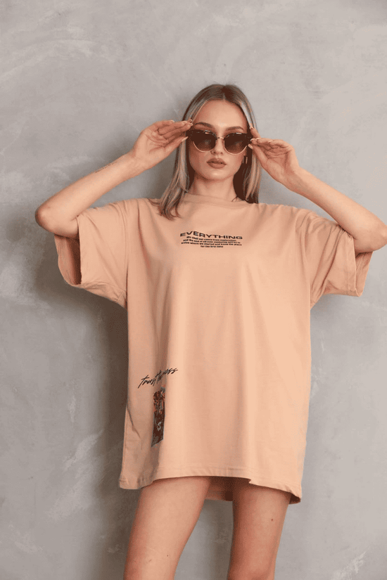 kadın Bisiklet Yaka Baskılı Oversize Kısa kol T-Shirt - Bej