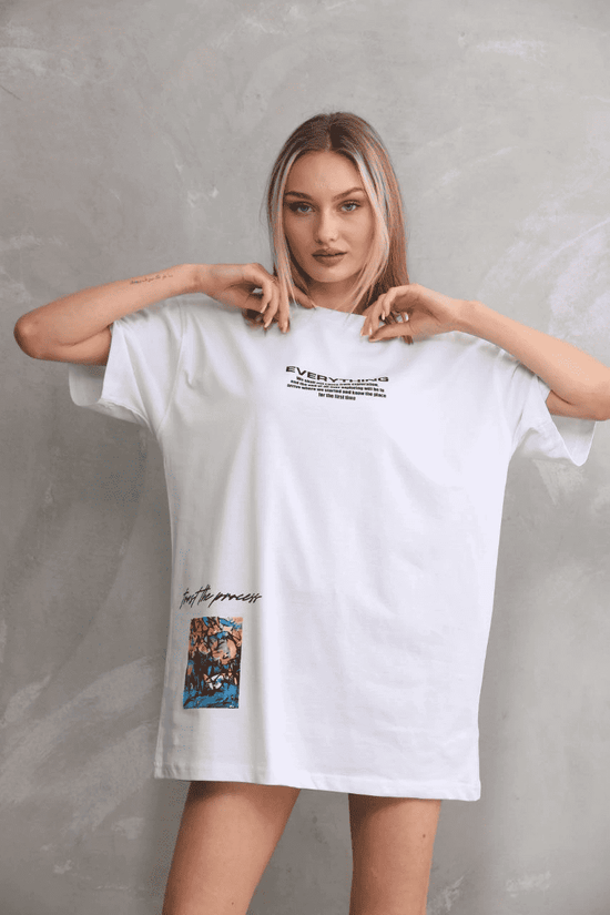kadın Bisiklet Yaka Baskılı Oversize T-Shirt - Beyaz