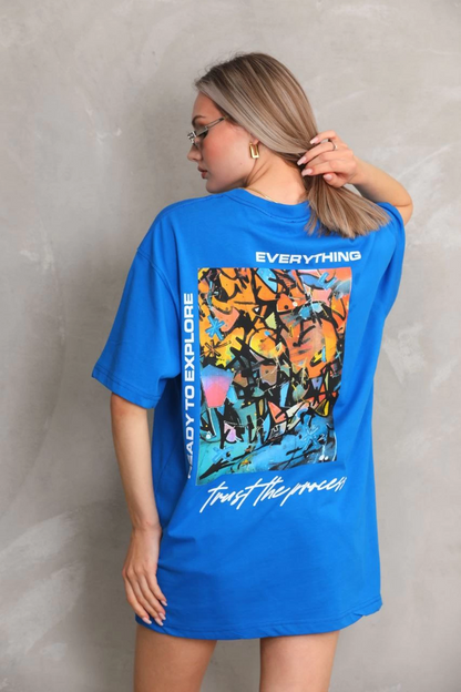 kadın Bisiklet Yaka Baskılı Oversize T-Shirt - Mavi