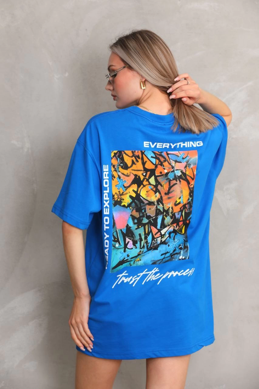 kadın Bisiklet Yaka Baskılı Oversize T-Shirt - Mavi