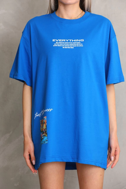 kadın Bisiklet Yaka Baskılı Oversize T-Shirt - Mavi