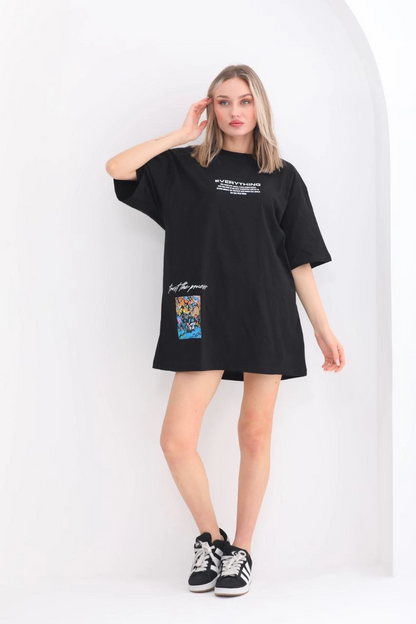 kadın  Bisiklet Yaka Baskılı Oversize T-Shirt - Siyah