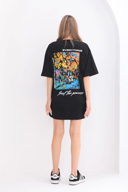 kadın  Bisiklet Yaka Baskılı Oversize T-Shirt - Siyah