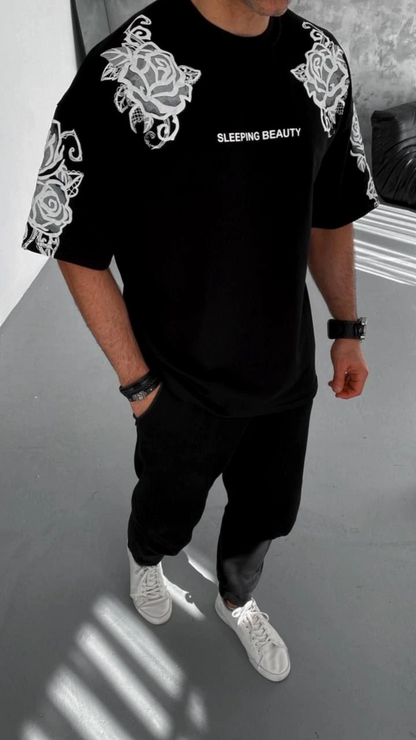 Erkek Kısa Kol Yazlık Tişört Bisiklet Yaka Baskılı Oversize T-Shirt - Siyah