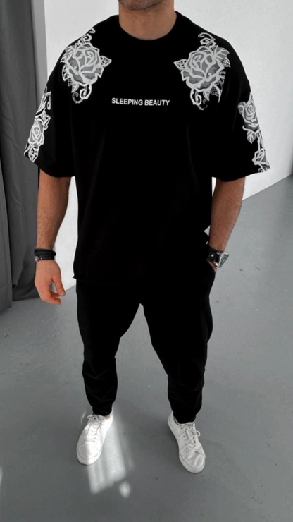 Erkek Kısa Kol Yazlık Tişört Bisiklet Yaka Baskılı Oversize T-Shirt - Siyah