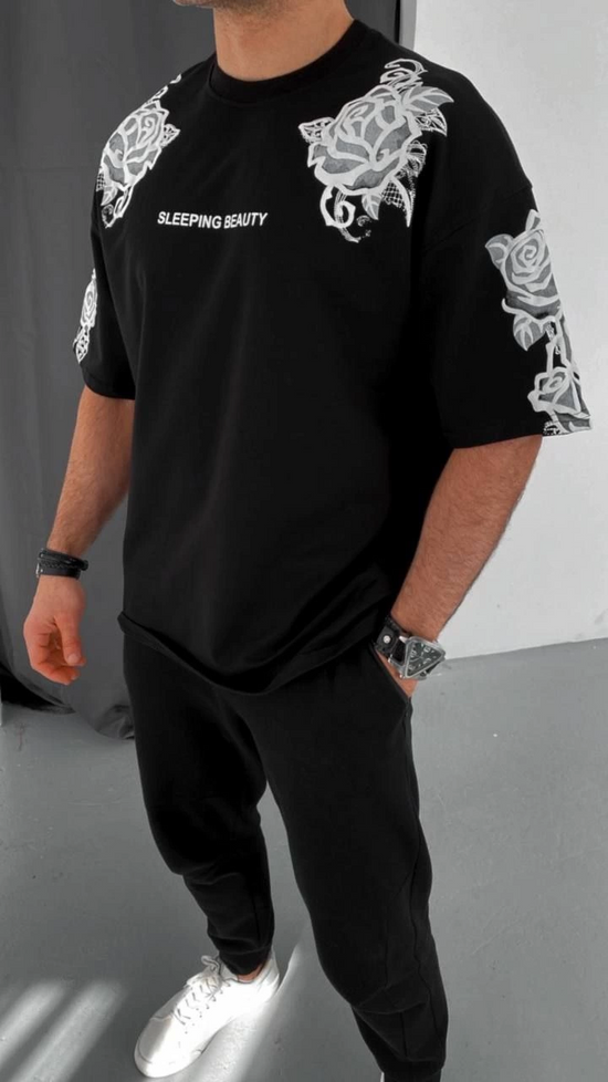 Erkek Kısa Kol Yazlık Tişört Bisiklet Yaka Baskılı Oversize T-Shirt - Siyah