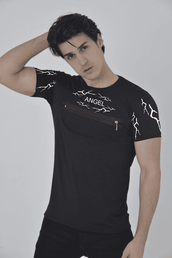 Erkek Baskılı T-Shirt Kısa Kol Bisiklet Yaka Göğüs Fermuarlı Slimfit Tişört  - Siyah