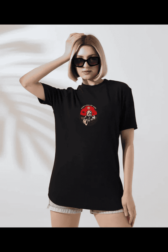 Kadın Bisiklet Yaka Baskılı  kısa kol T-Shirt - Siyah