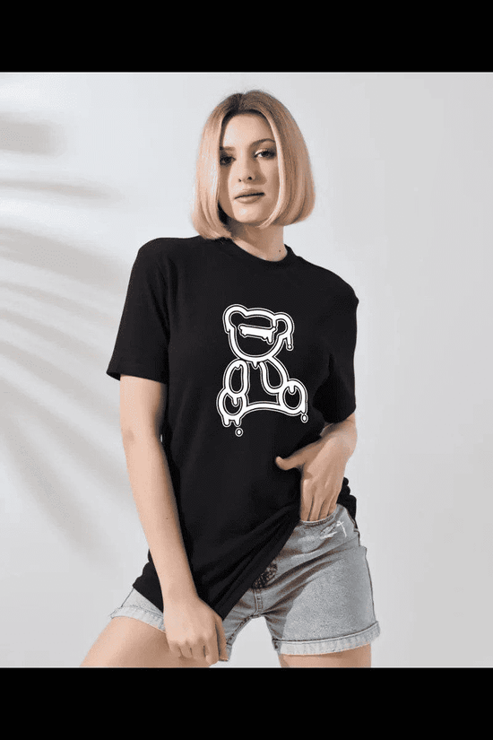Kadın Bisiklet Yaka Baskılı  Kısa kol T-Shirt - Siyah