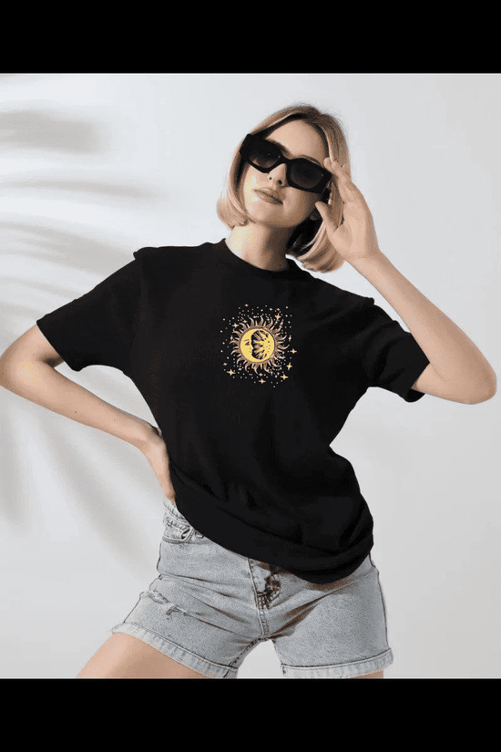 Kadın Bisiklet Yaka Baskılı  Kısa kol T-Shirt - Siyah