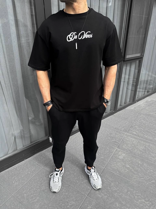 Erkek Baskılı T-Shirt Kısa Kol Bisiklet Yaka Regular Fit Rahat Kalıp Günlük Tişört - Siyah