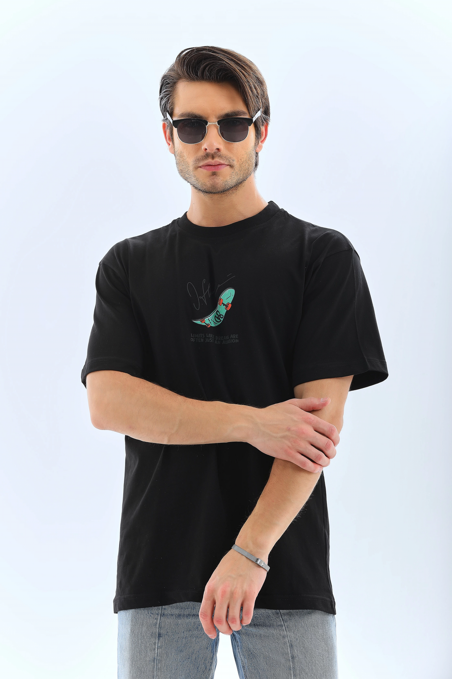 Erkek Kısa Kol Yazlık Tişört Bisiklet Yaka Baskılı Oversize T-Shirt - Siyah
