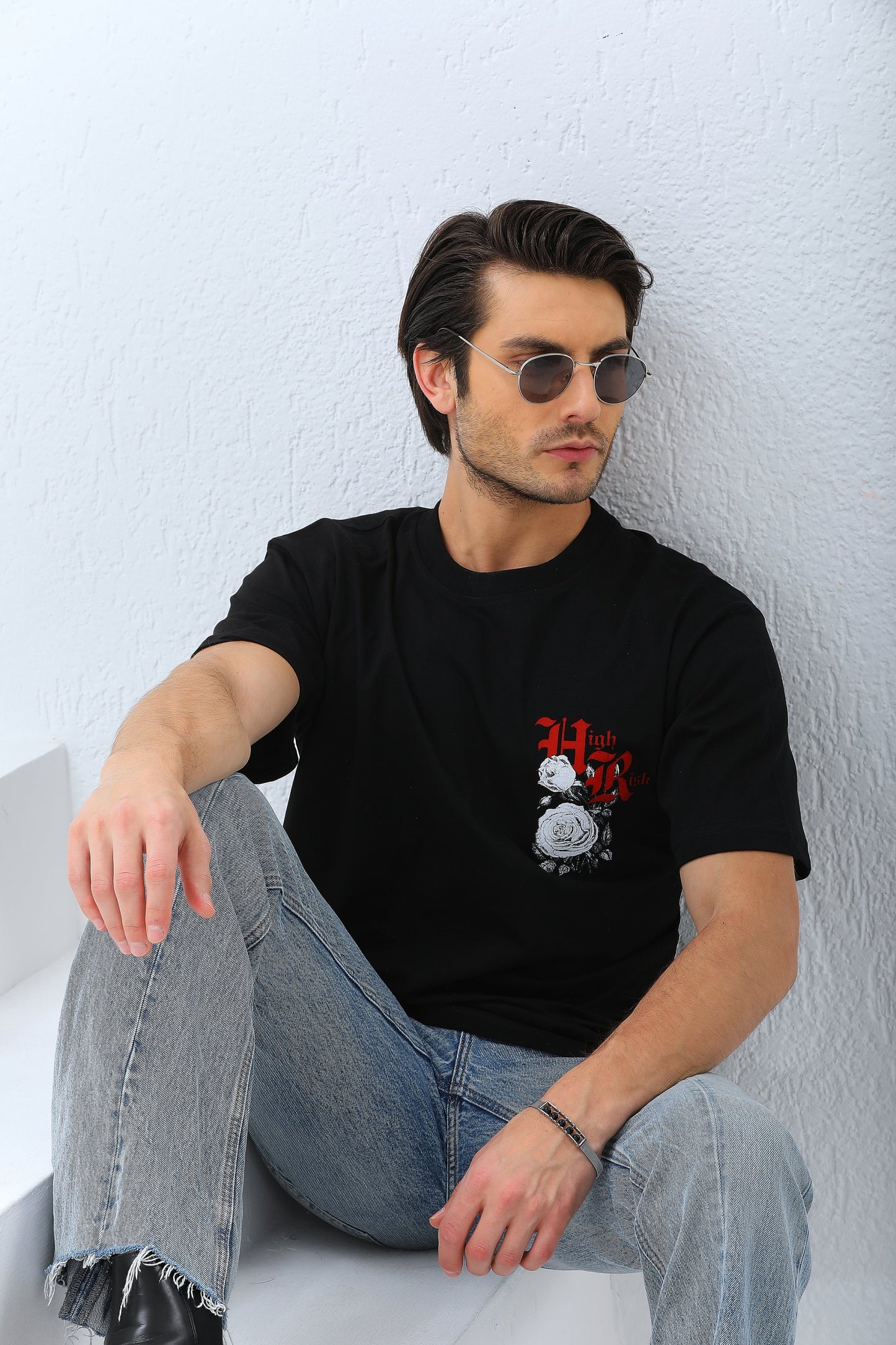 Erkek Baskılı T-Shirt Kısa Kol Bisiklet Yaka Rahat Kalıp Tişört  - Siyah