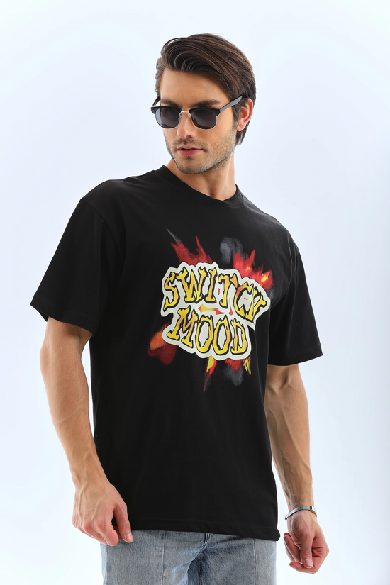 Erkek Kısa Kol Yazlık Tişört Bisiklet Yaka Baskılı Oversize T-Shirt - Siyah