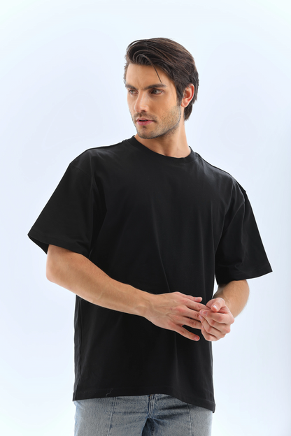Erkek Düz Yazlık Kısa Kol Tişört Bisiklet Yaka Oversize T-Shirt - Siyah
