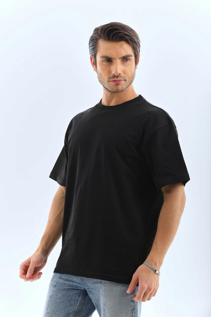 Erkek Düz Yazlık Kısa Kol Tişört Bisiklet Yaka Oversize T-Shirt - Siyah