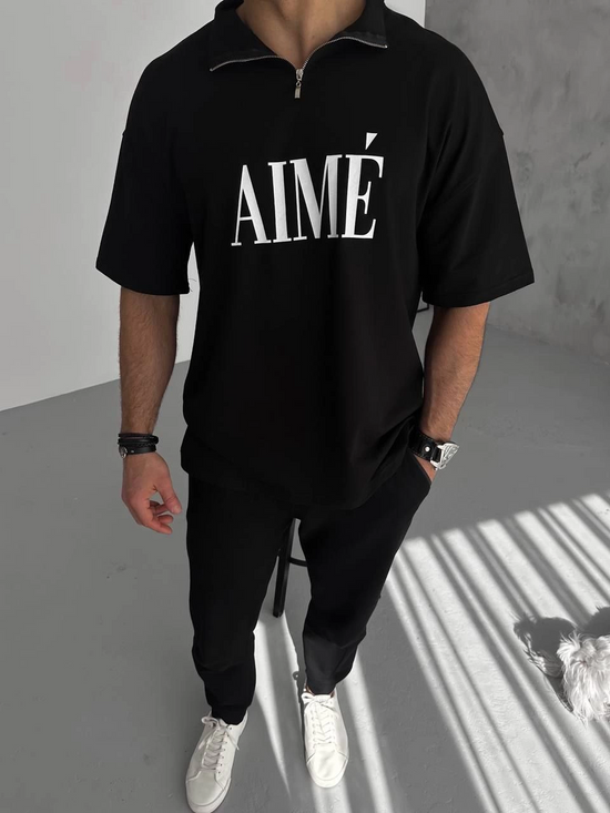 ERKEK Tişört Yakalı Yarım Fermuarlı  Kısa Kol Baskılı T-Shirt - Siyah